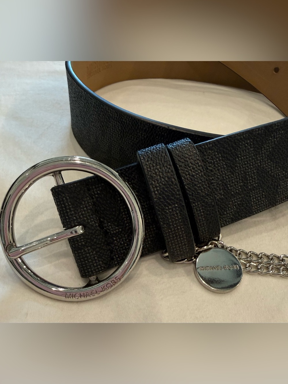 Michael Kors Black Textured Leather Belt with Round Silver Buckle
